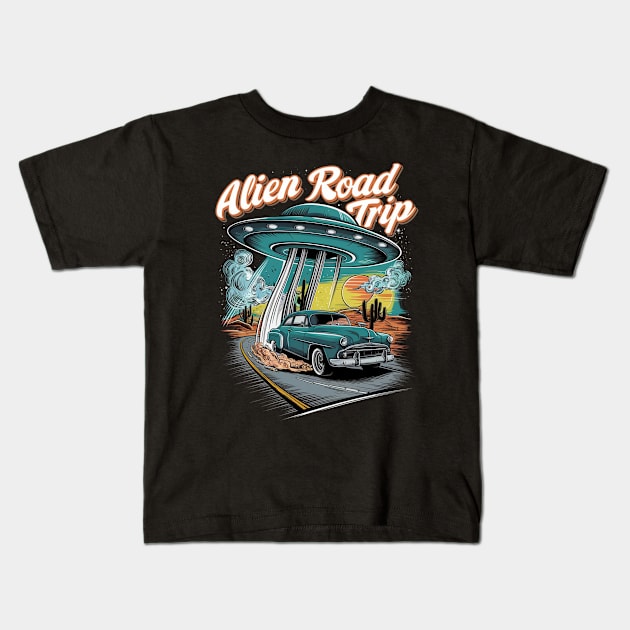 Alien road trip Kids T-Shirt by Aldrvnd